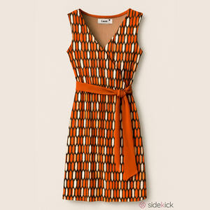 Corey P. S / M mini dress brown, ivory, orange geometric faux wrap retro style.